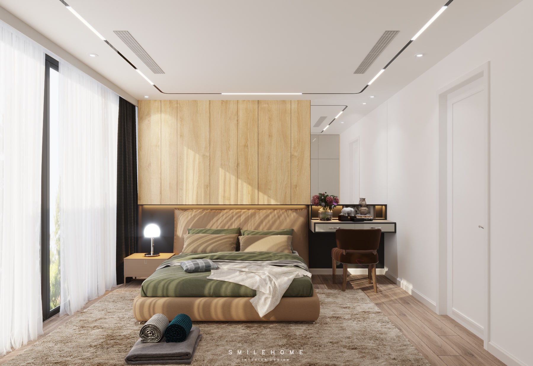 Tông trắng kết hợp với sàn gỗ, thảm da tạo nên không gian đầy sức sống cho nơi ngủ.